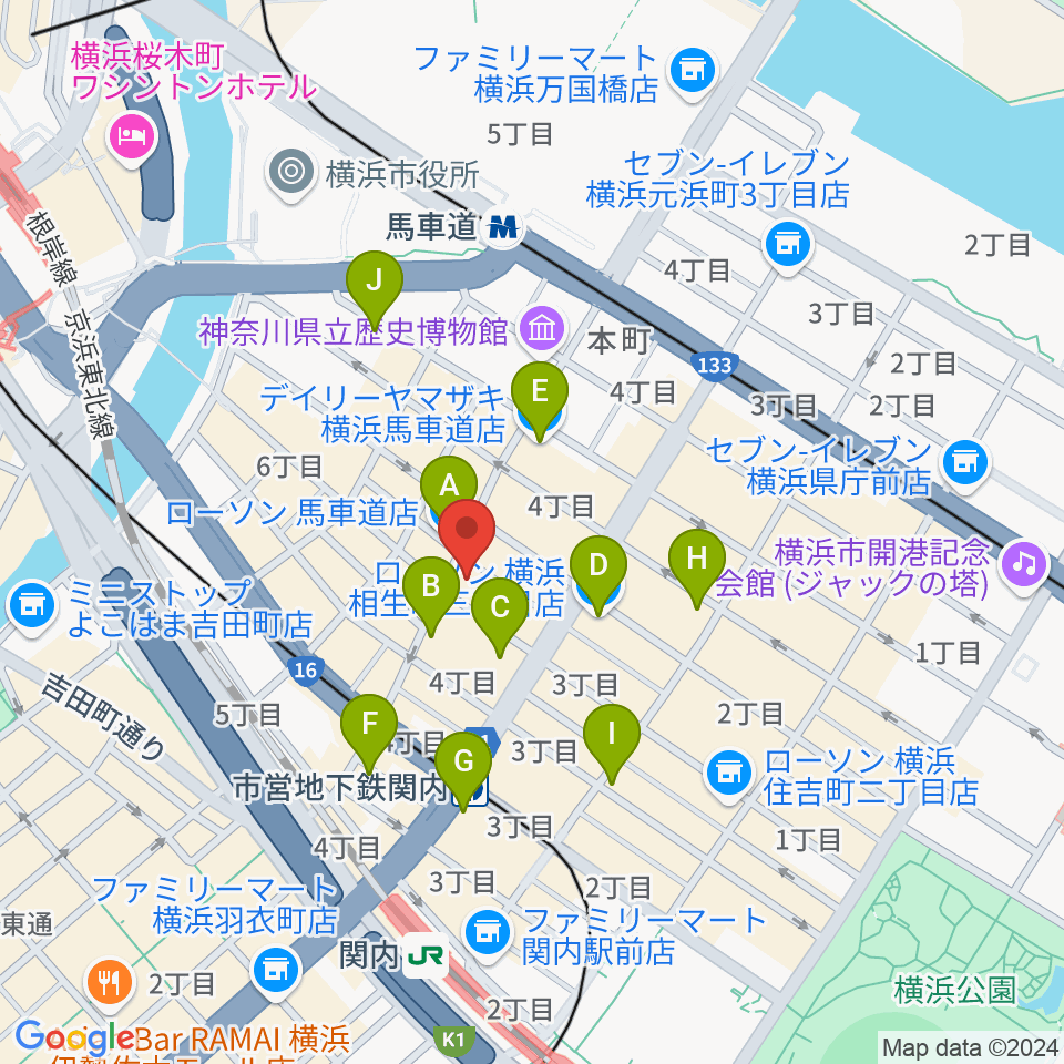 横浜関内ホール周辺のコンビニエンスストア一覧地図