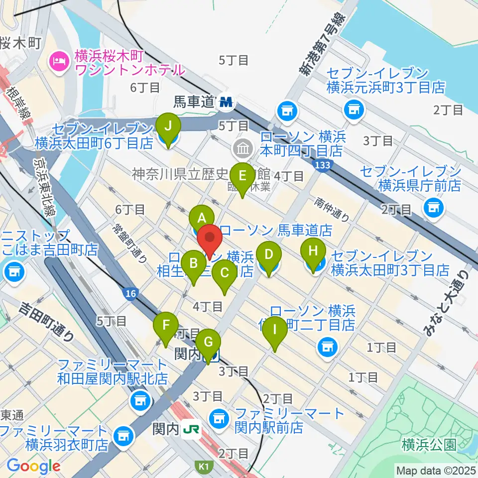 横浜関内ホール周辺のコンビニエンスストア一覧地図