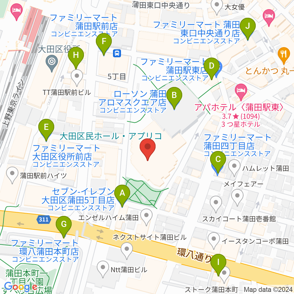大田区民ホール・アプリコ周辺のコンビニエンスストア一覧地図