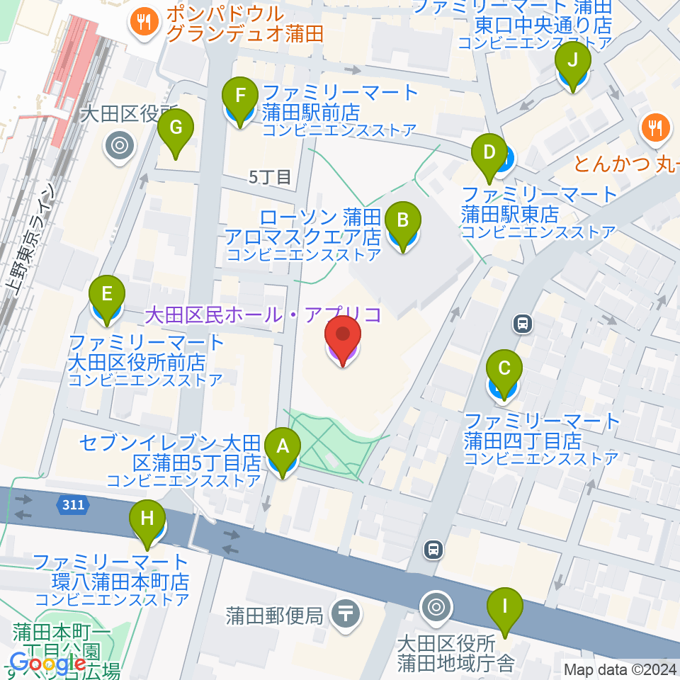 大田区民ホール・アプリコ周辺のコンビニエンスストア一覧地図