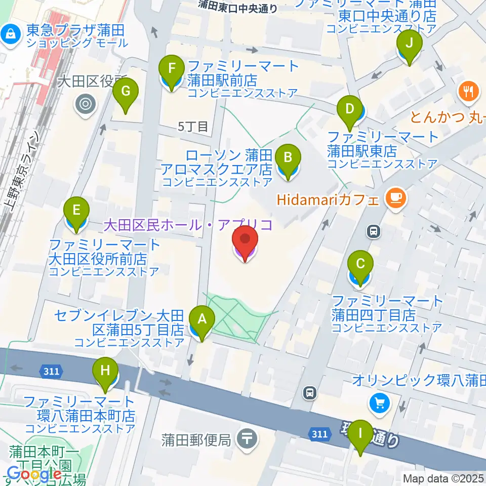 大田区民ホール・アプリコ周辺のコンビニエンスストア一覧地図