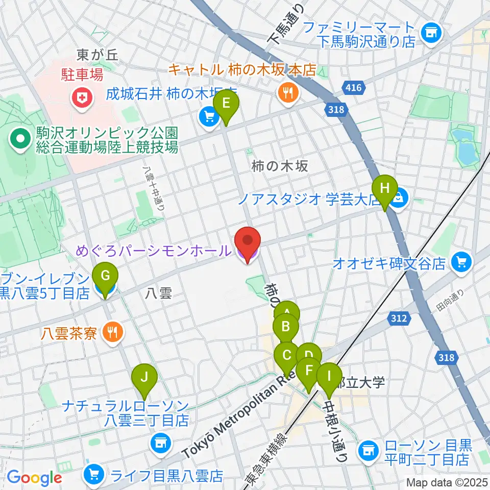 めぐろパーシモンホール周辺のコンビニエンスストア一覧地図