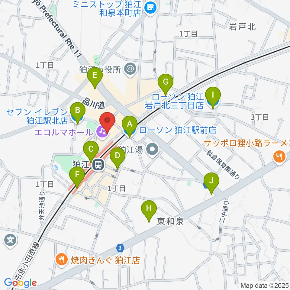 狛江エコルマホール周辺のコンビニエンスストア一覧地図