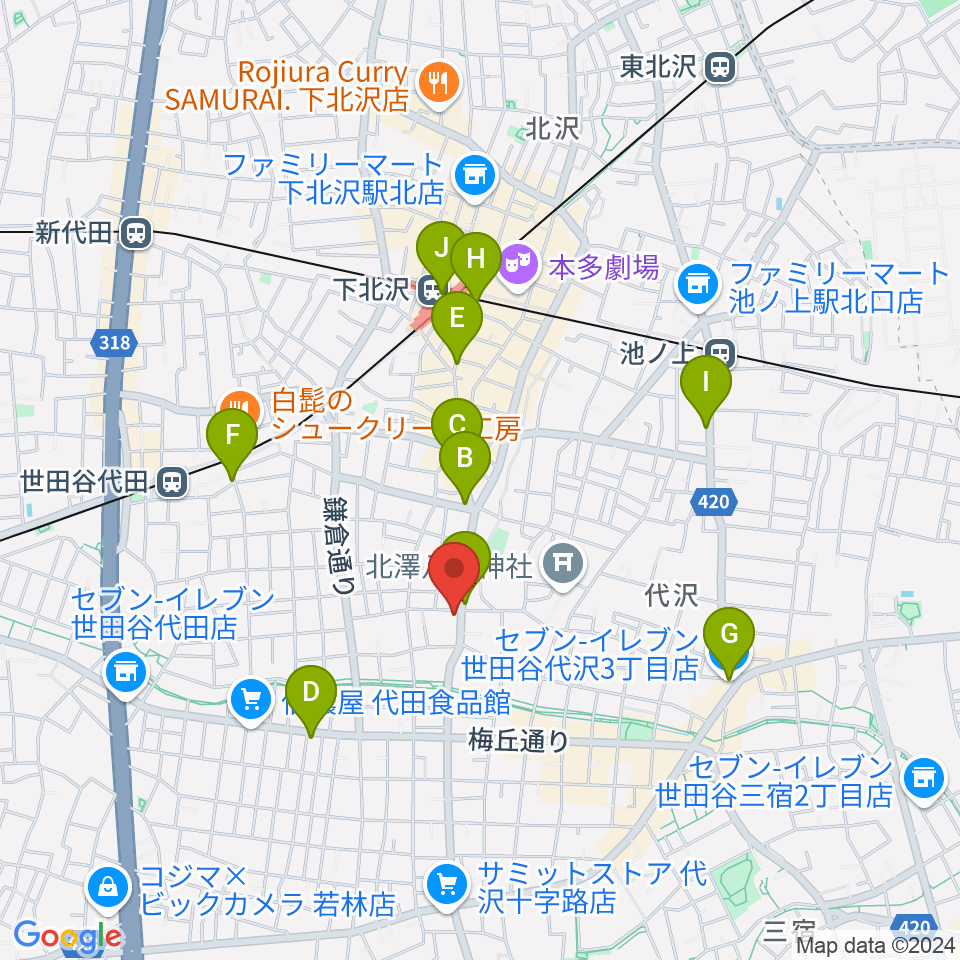 下北沢ビッグマウス周辺のコンビニエンスストア一覧地図