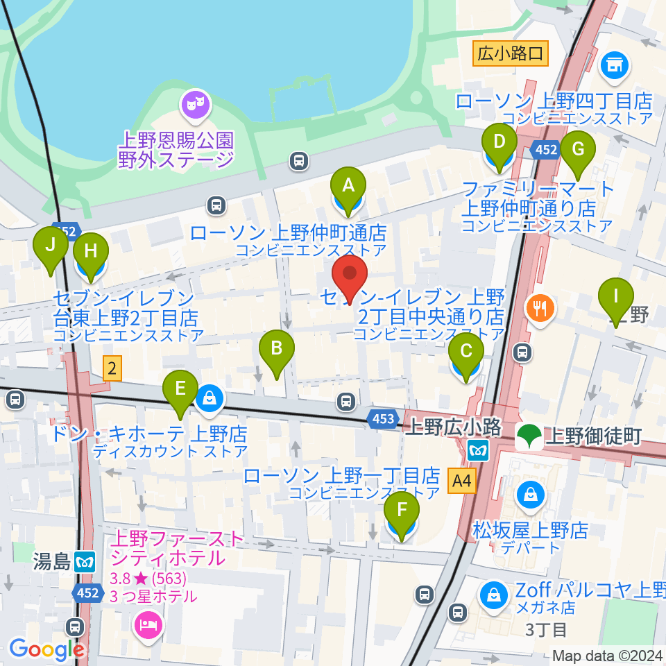 上野アリエス周辺のコンビニエンスストア一覧地図