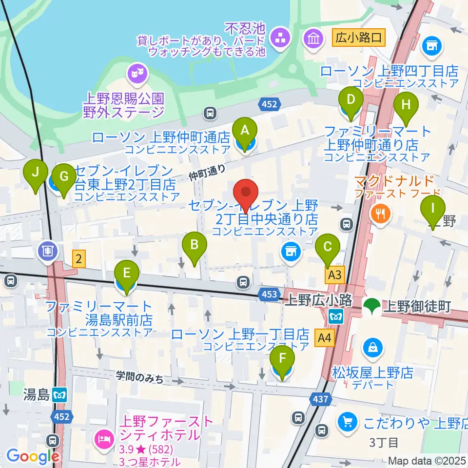 上野アリエス周辺のコンビニエンスストア一覧地図
