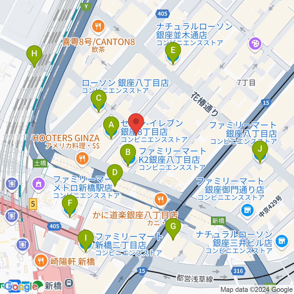 銀座シグナス周辺のコンビニエンスストア一覧地図