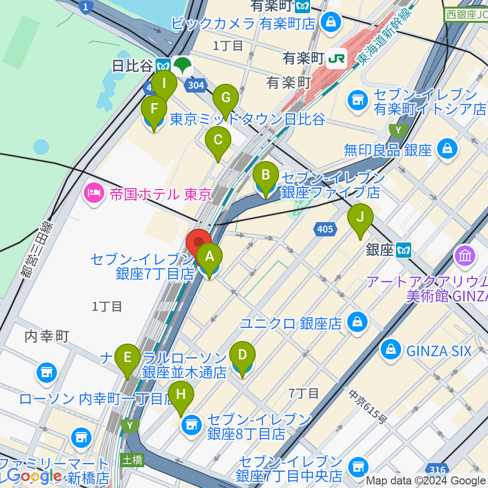 ケネディハウス銀座周辺のコンビニエンスストア一覧地図