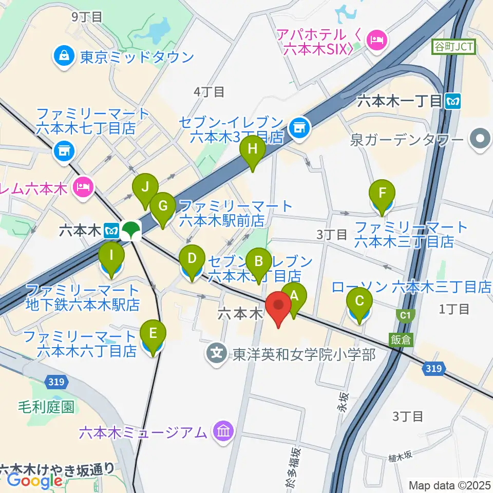 アビーロード六本木周辺のコンビニエンスストア一覧地図