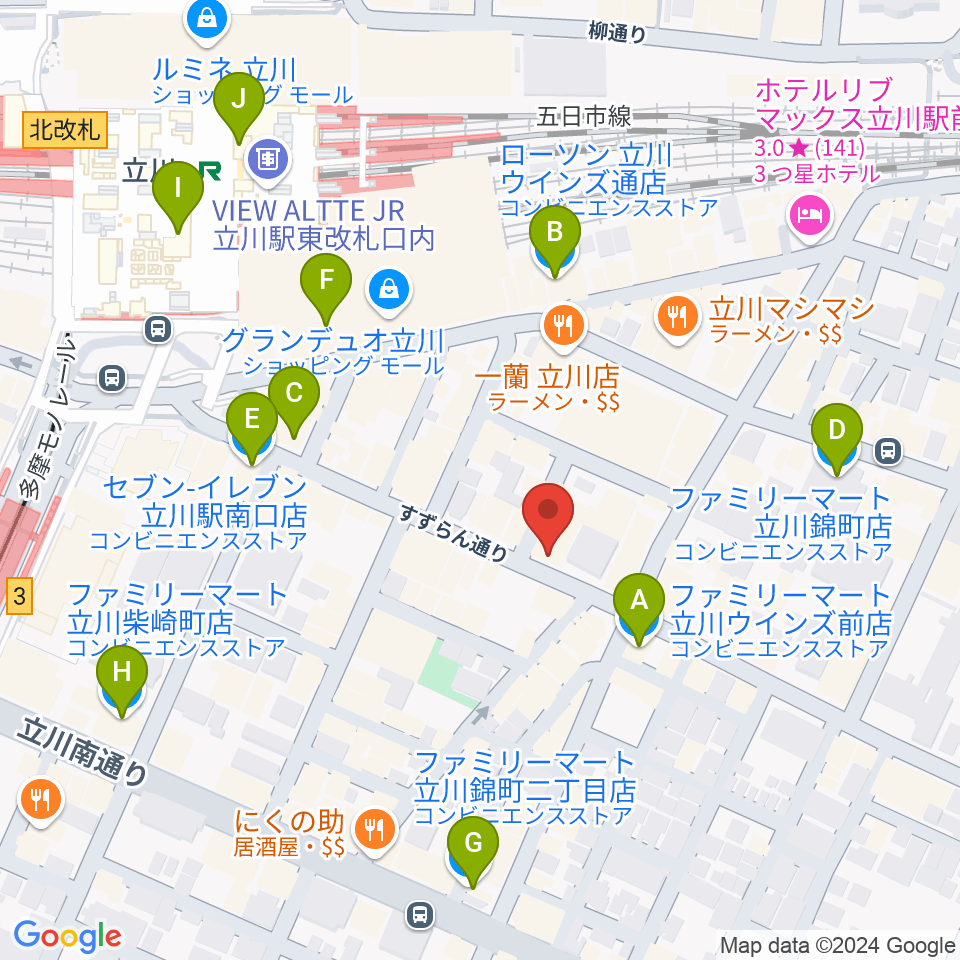 立川BABEL周辺のコンビニエンスストア一覧地図