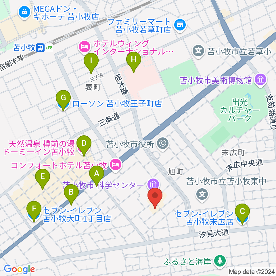 苫小牧市文化会館周辺のコンビニエンスストア一覧地図