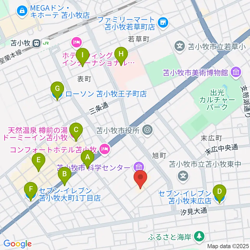 苫小牧市文化会館周辺のコンビニエンスストア一覧地図