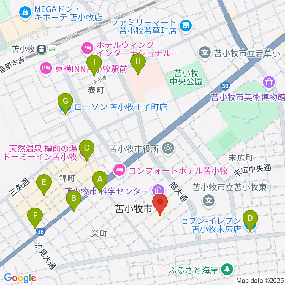苫小牧市文化会館周辺のコンビニエンスストア一覧地図