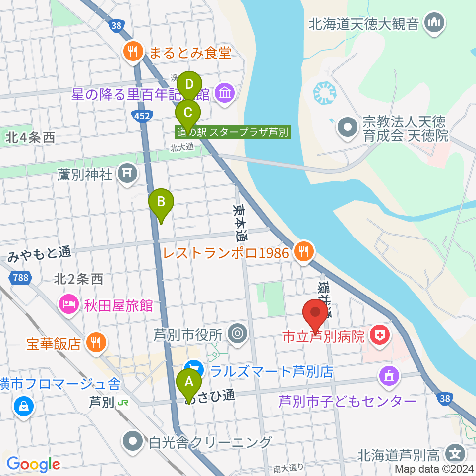 芦別市民会館周辺のコンビニエンスストア一覧地図