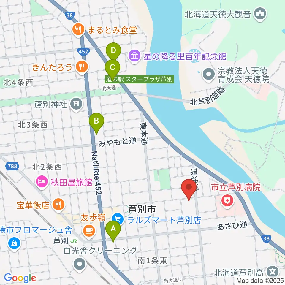 芦別市民会館周辺のコンビニエンスストア一覧地図