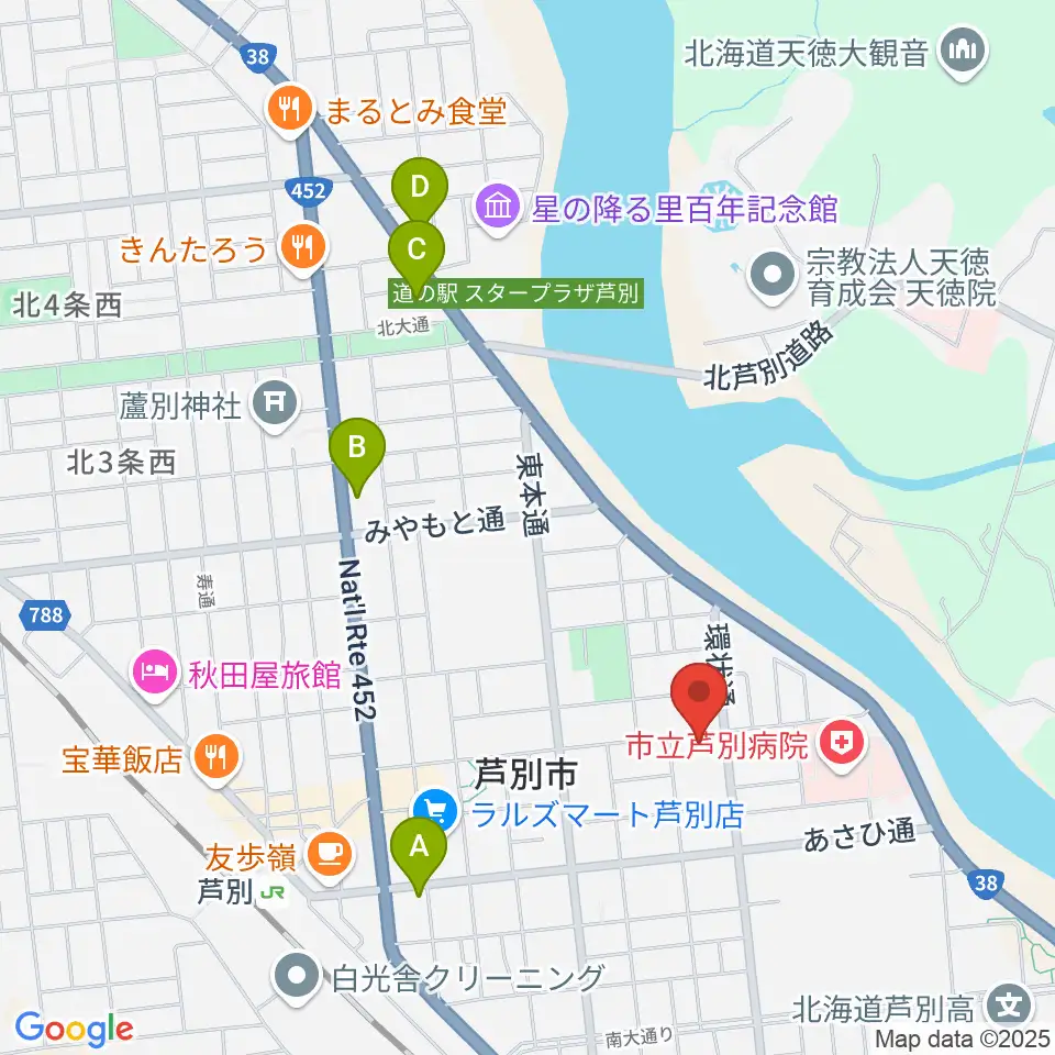 芦別市民会館周辺のコンビニエンスストア一覧地図