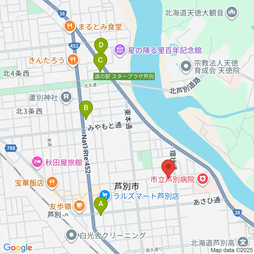 芦別市民会館周辺のコンビニエンスストア一覧地図