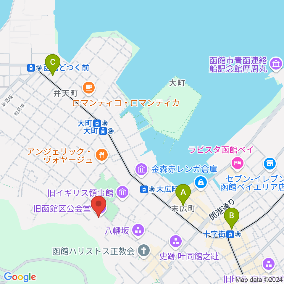 旧函館区公会堂周辺のコンビニエンスストア一覧地図