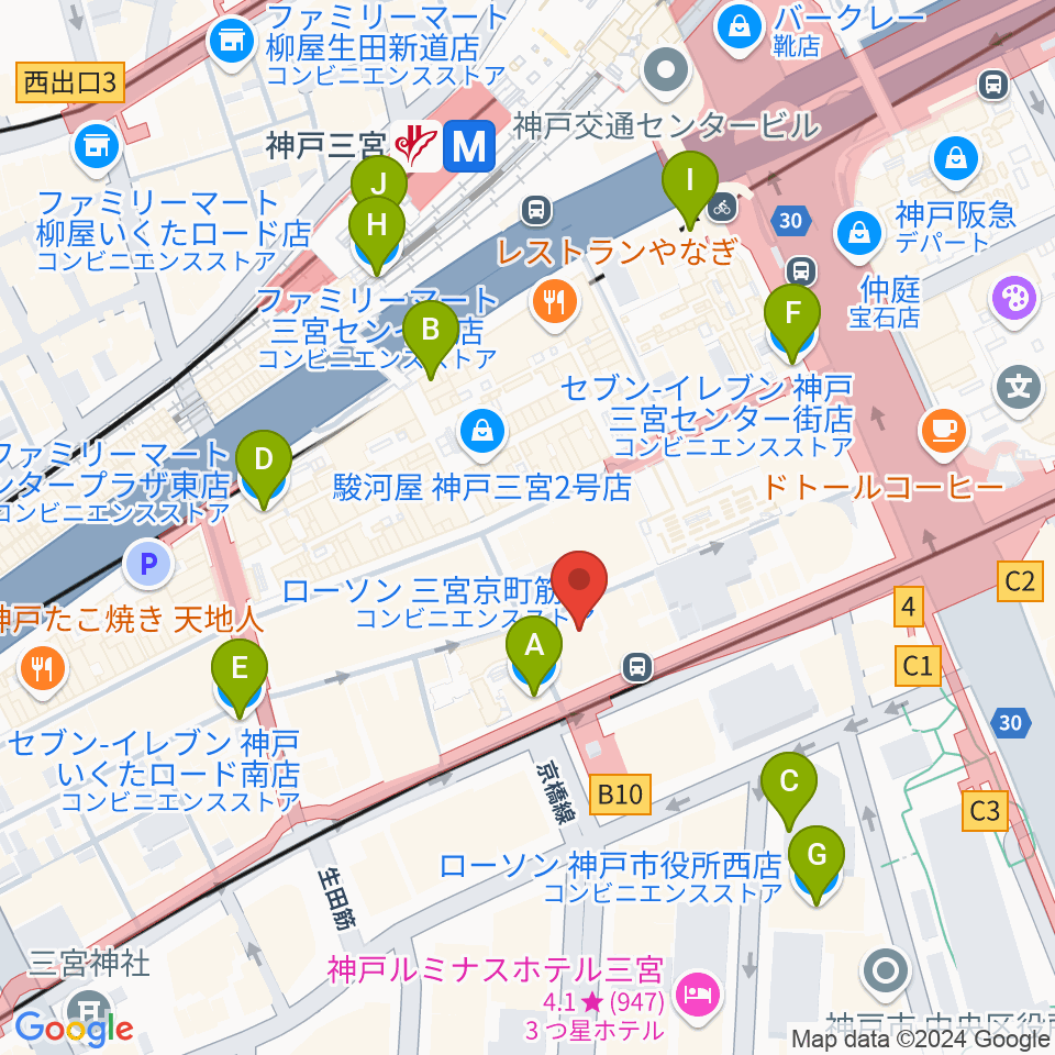 ベースオントップ三宮店周辺のコンビニエンスストア一覧地図