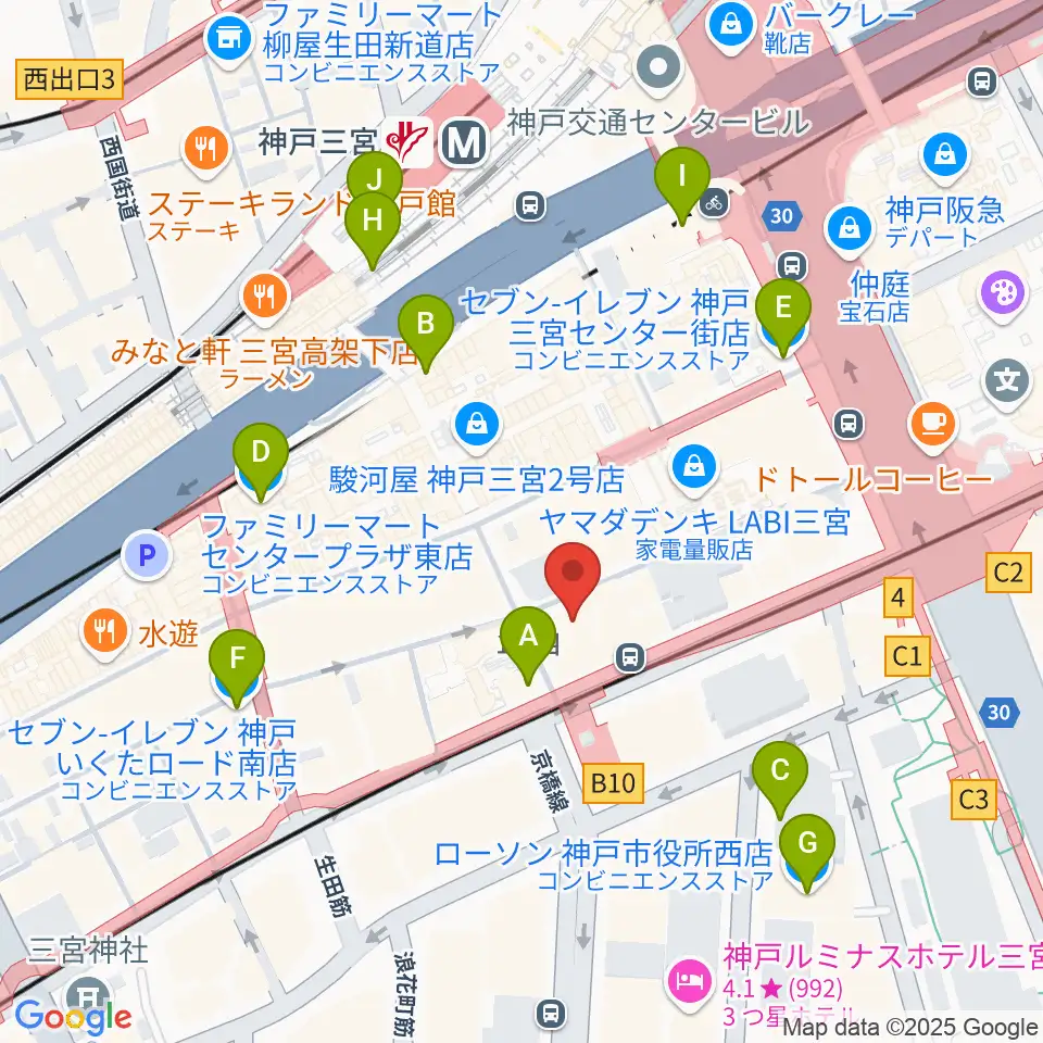 ベースオントップ三宮店周辺のコンビニエンスストア一覧地図