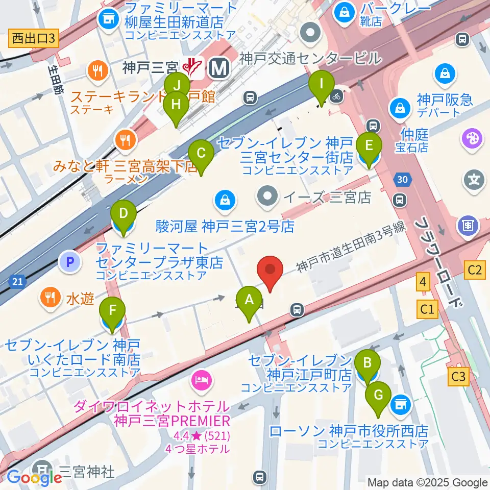 ベースオントップ三宮店周辺のコンビニエンスストア一覧地図