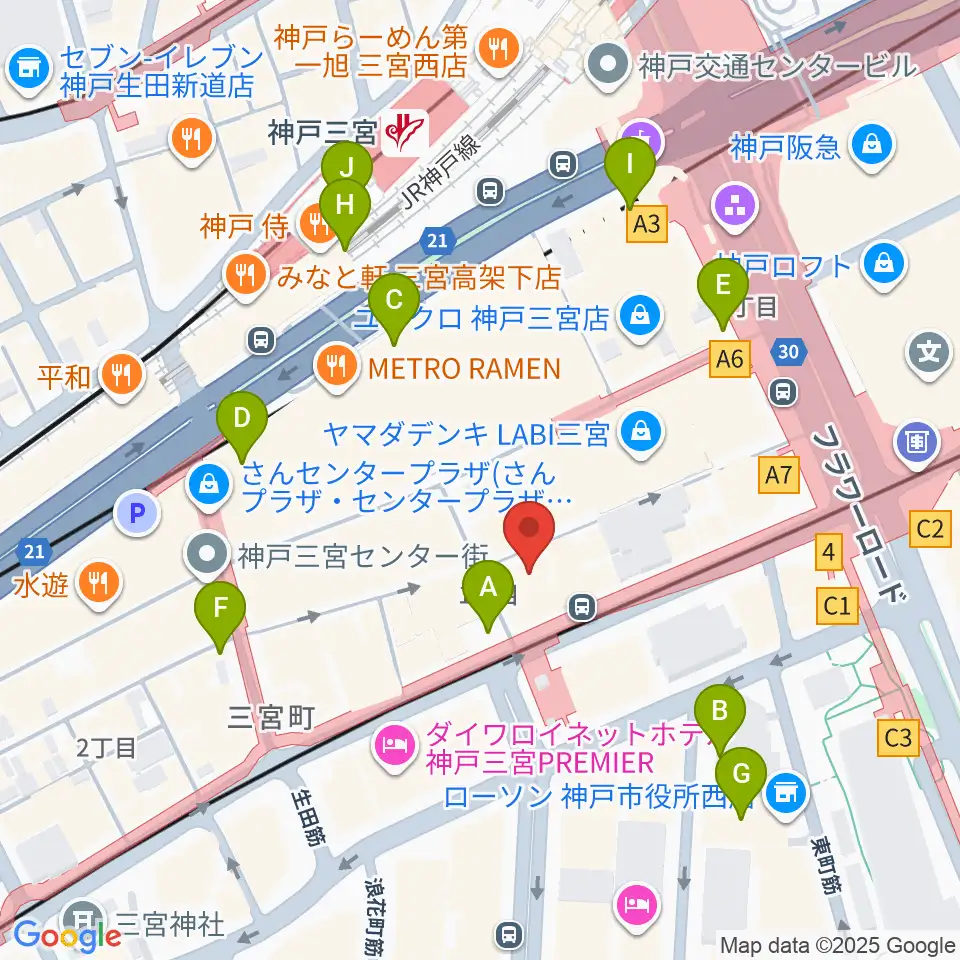 ベースオントップ三宮店周辺のコンビニエンスストア一覧地図