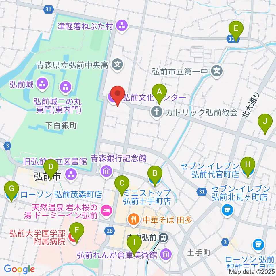 弘前文化センター周辺のコンビニエンスストア一覧地図
