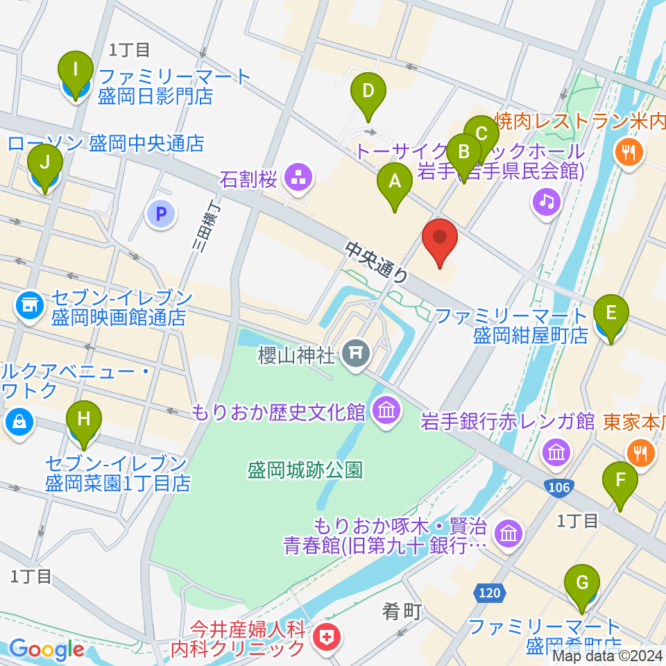 岩手県公会堂周辺のコンビニエンスストア一覧地図