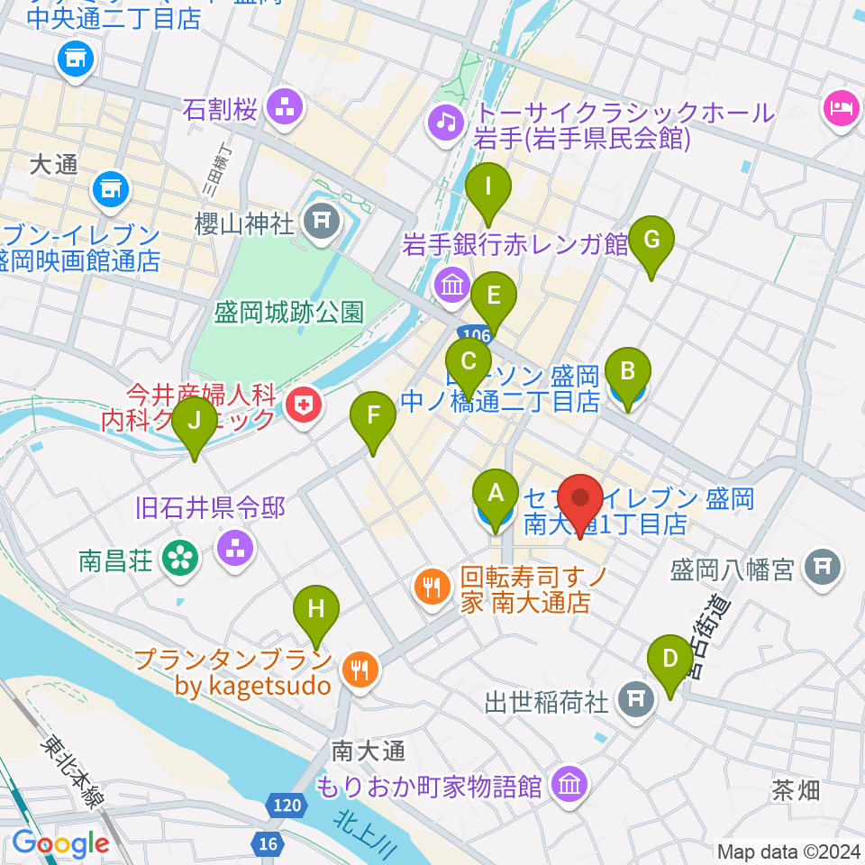 盛岡劇場・河南公民館周辺のコンビニエンスストア一覧地図