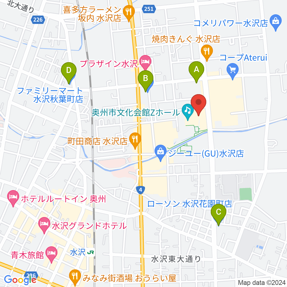 奥州市文化会館Zホール周辺のコンビニエンスストア一覧地図