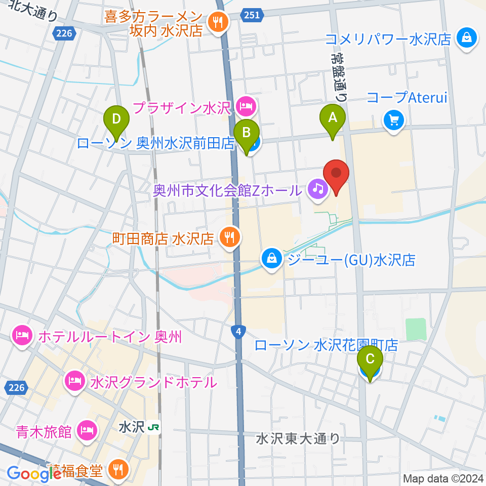 奥州市文化会館Zホール周辺のコンビニエンスストア一覧地図