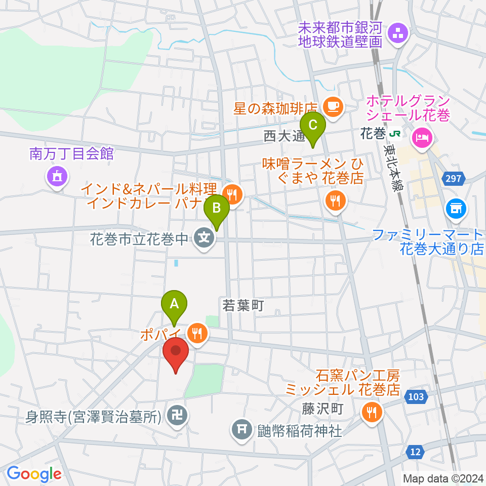 花巻市文化会館周辺のコンビニエンスストア一覧地図