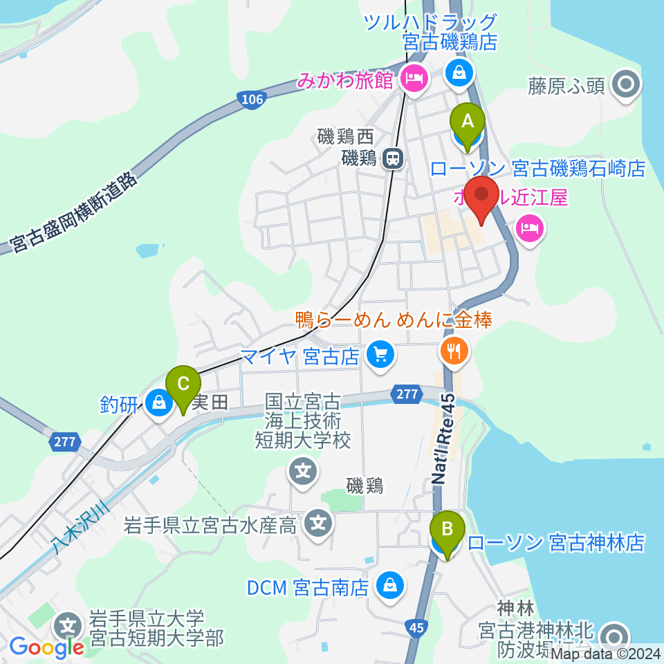 宮古市民文化会館周辺のコンビニエンスストア一覧地図