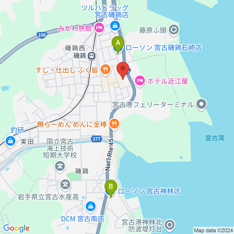 宮古市民文化会館周辺のコンビニエンスストア一覧地図