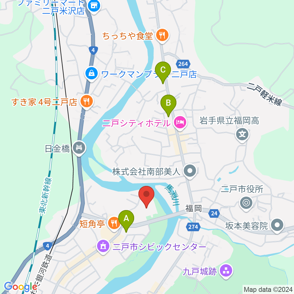 二戸市民文化会館周辺のコンビニエンスストア一覧地図