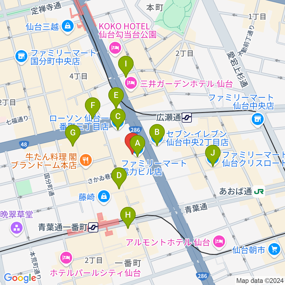 仙台電力ホール周辺のコンビニエンスストア一覧地図