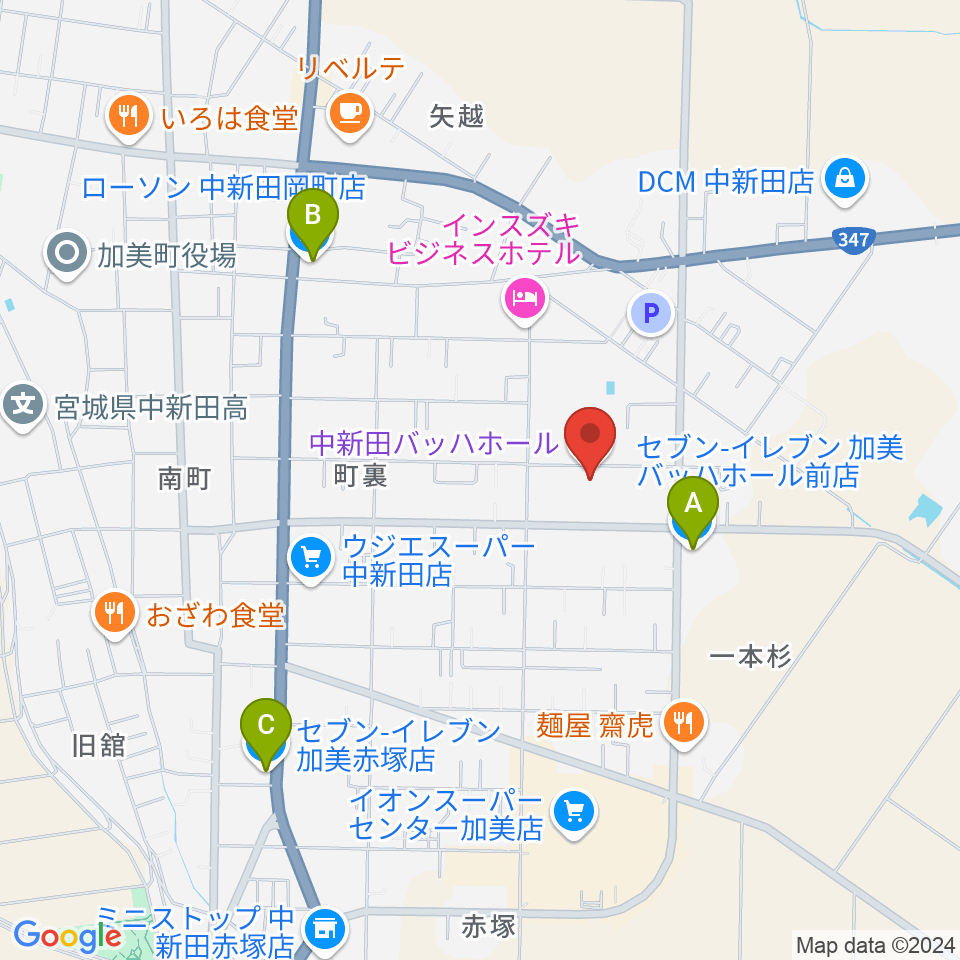 中新田バッハホール周辺のコンビニエンスストア一覧地図