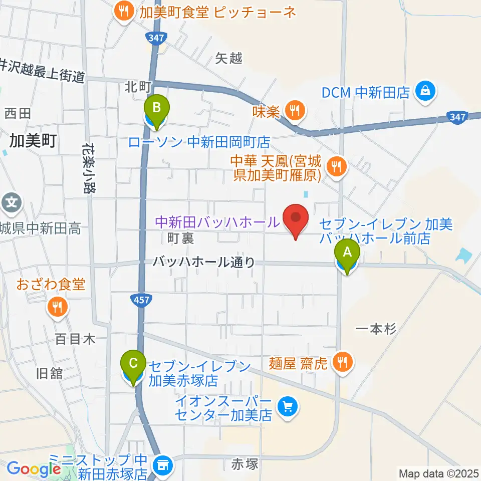 中新田バッハホール周辺のコンビニエンスストア一覧地図