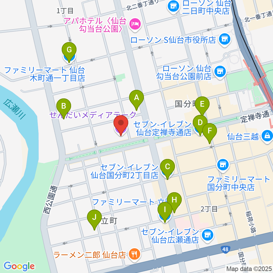 せんだいメディアテーク周辺のコンビニエンスストア一覧地図