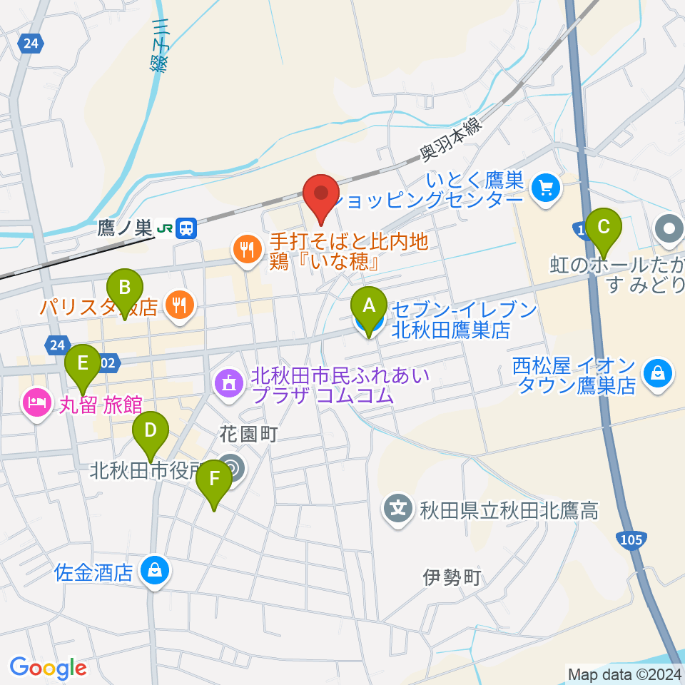 北秋田市文化会館ファルコン周辺のコンビニエンスストア一覧地図