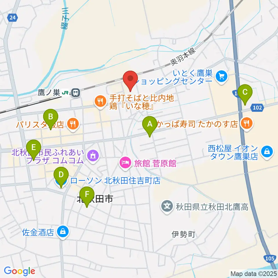 北秋田市文化会館ファルコン周辺のコンビニエンスストア一覧地図