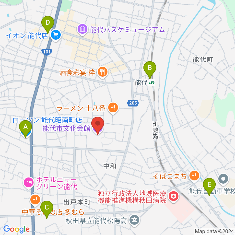 能代市文化会館周辺のコンビニエンスストア一覧地図