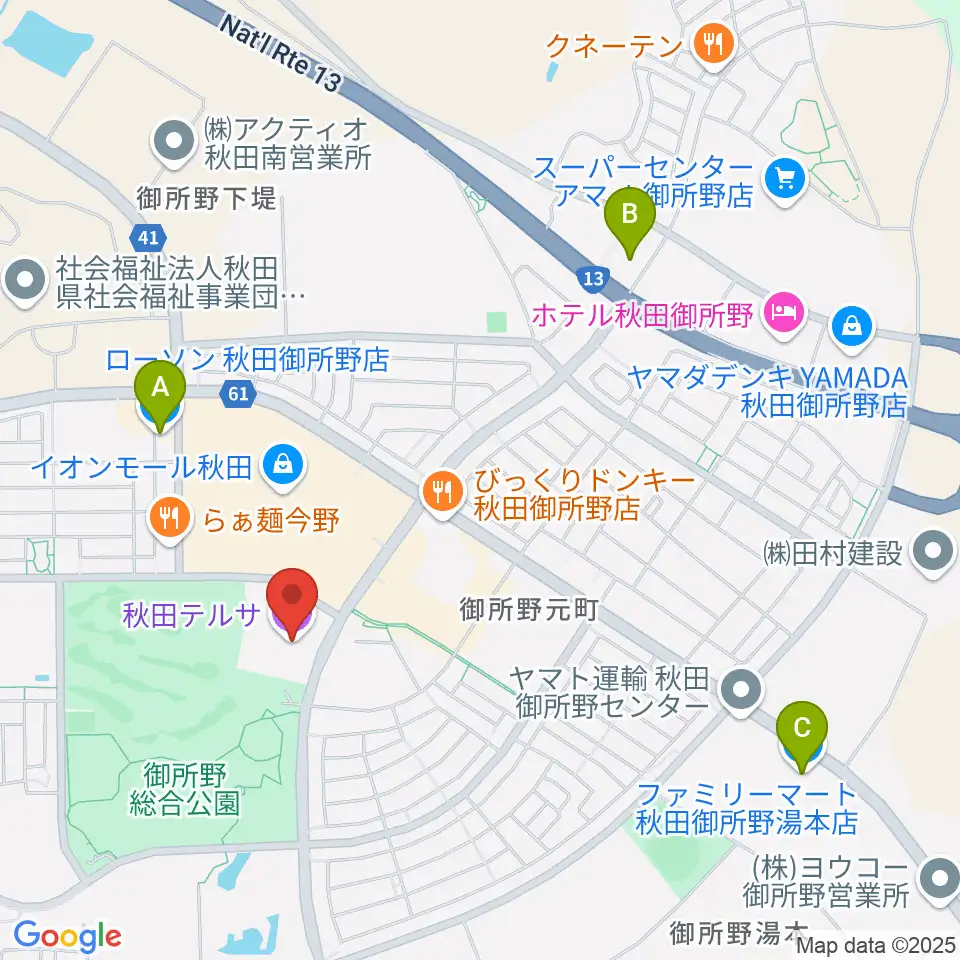 秋田テルサ周辺のコンビニエンスストア一覧地図