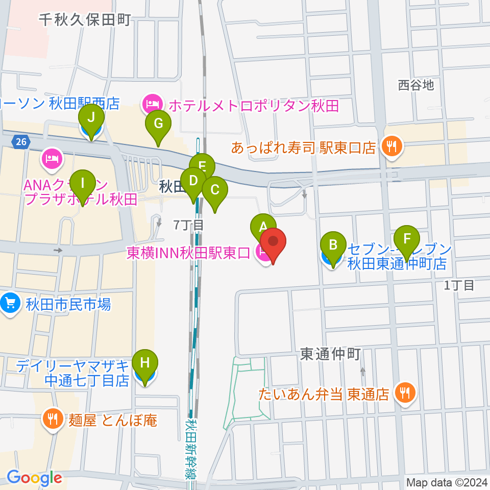 秋田拠点センターアルヴェ周辺のコンビニエンスストア一覧地図