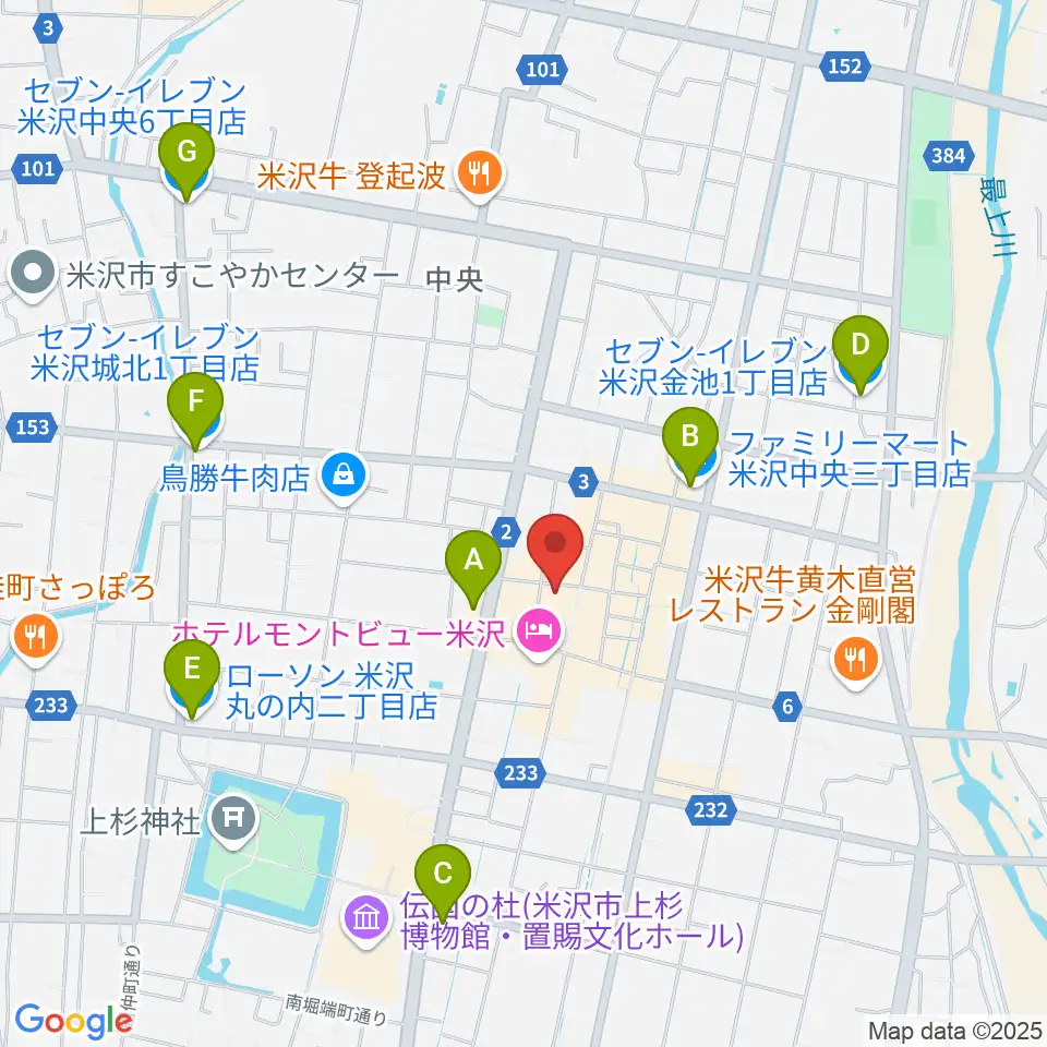 米沢市市民文化会館周辺のコンビニエンスストア一覧地図