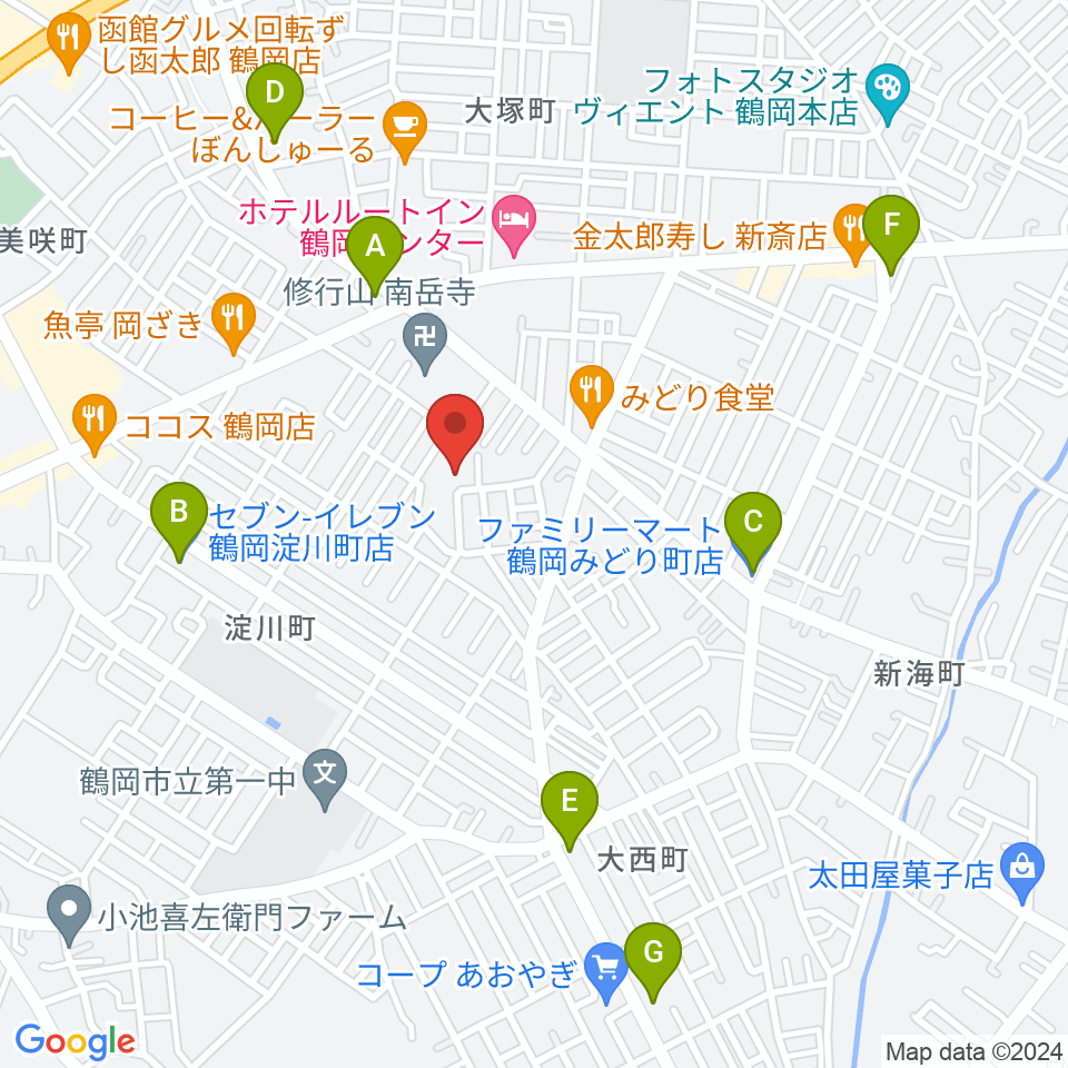 鶴岡市中央公民館周辺のコンビニエンスストア一覧地図