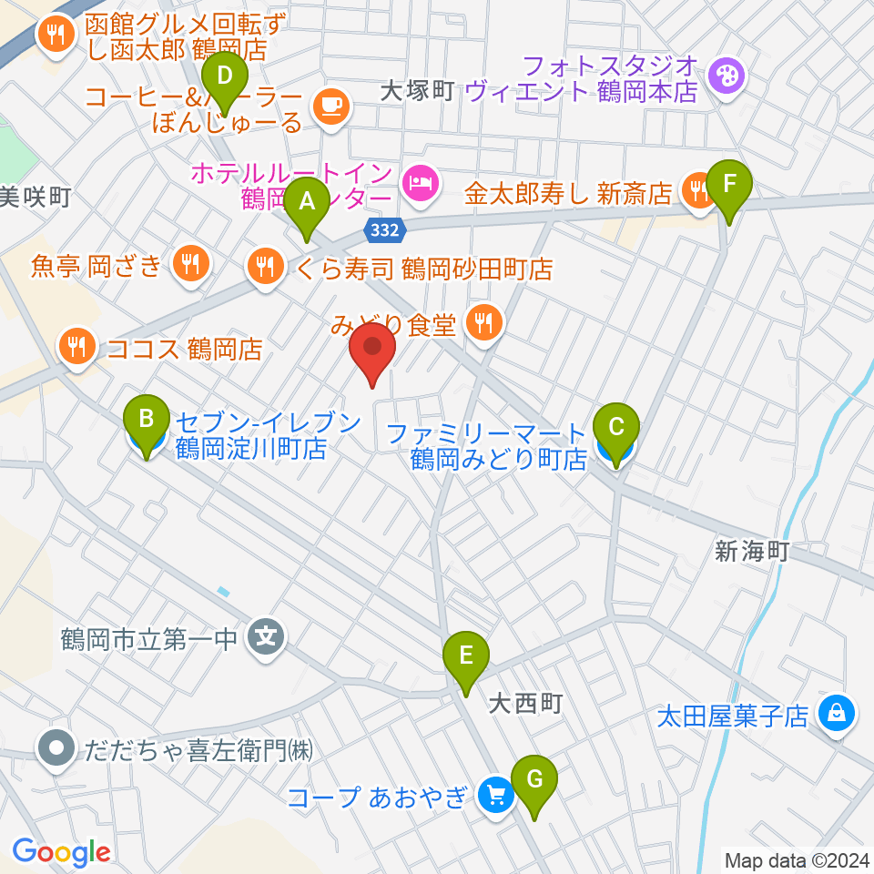 鶴岡市中央公民館周辺のコンビニエンスストア一覧地図