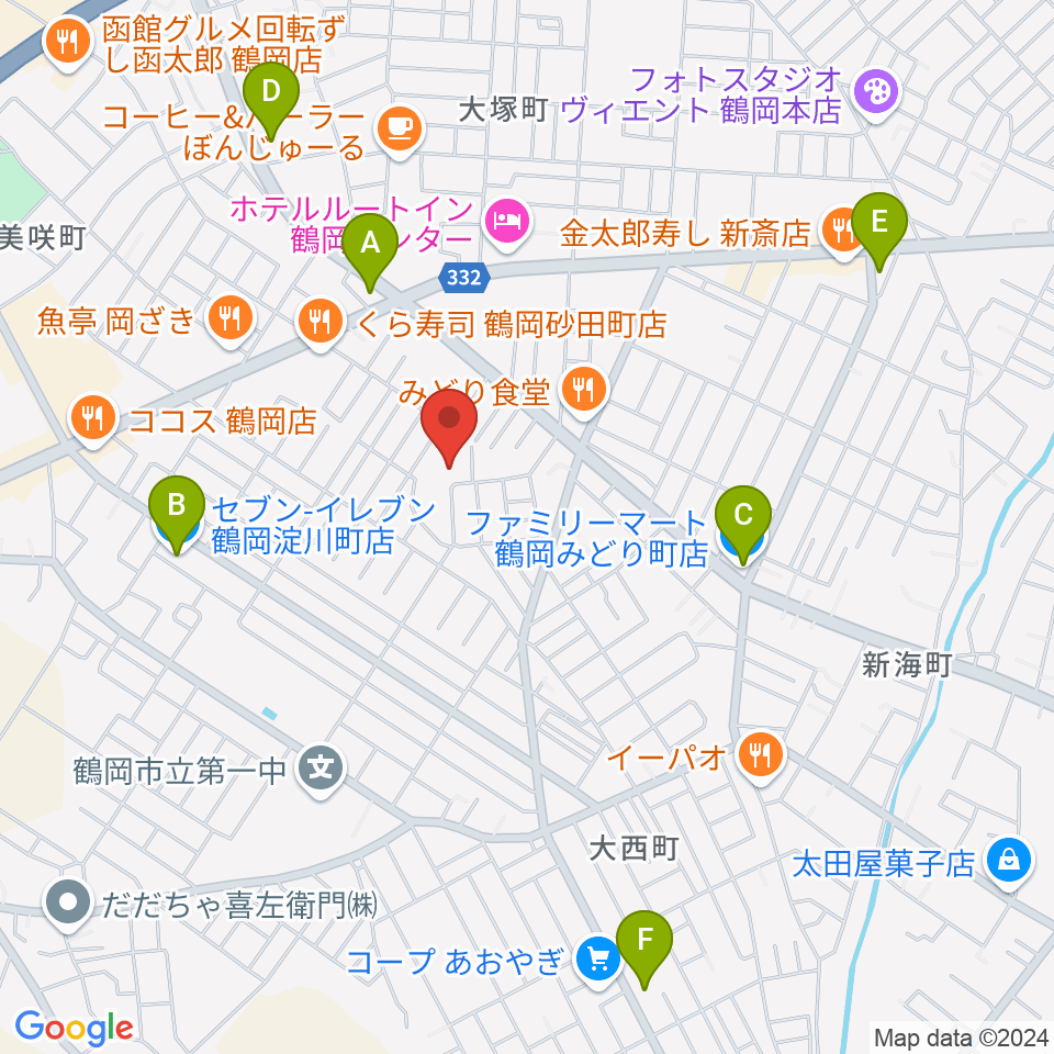 鶴岡市中央公民館周辺のコンビニエンスストア一覧地図