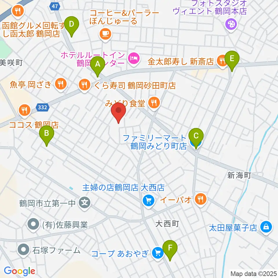 鶴岡市中央公民館周辺のコンビニエンスストア一覧地図