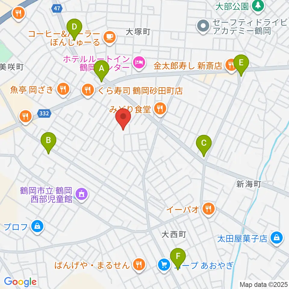 鶴岡市中央公民館周辺のコンビニエンスストア一覧地図